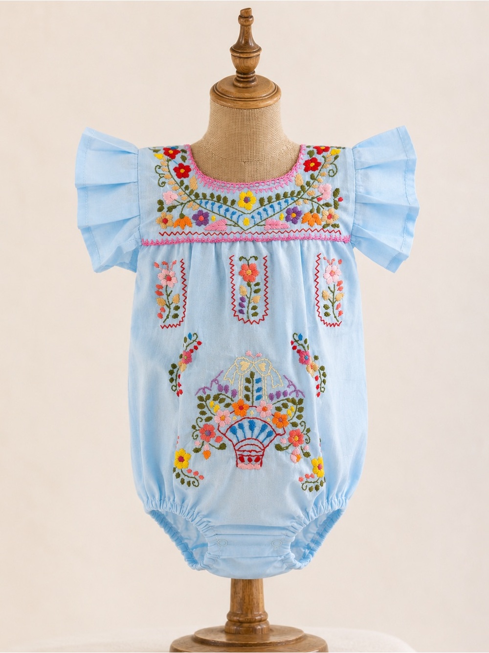 Baby Blue Floral Hand Embroidered Baby Romper